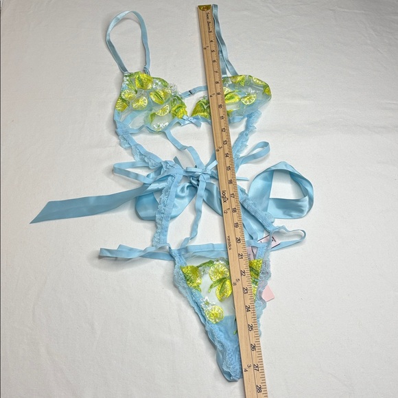Victoria Secret Lingerie Teddy OnePiece Bodysuit Blue Yellow Floral Lemons Sheer - Picture 10 of 16